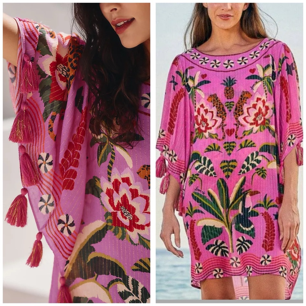 FARM Rio Anthropologie Pink Leopard Forest Cover-Up Dress Caftan tunic Small